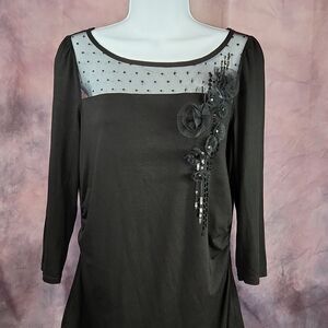 🔹️WHBM Black Beaded Rosette 3/4 Sleeve Top Medium